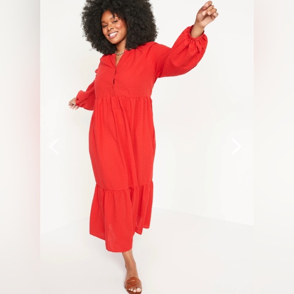 Old Navy | Dresses | Nwt Red Longsleeve Seersucker Allday Midi Swing ...